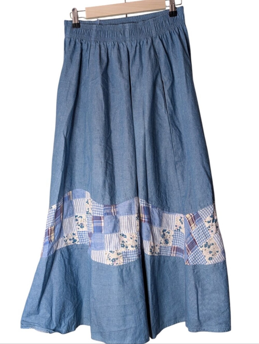 Vtg Starfire lightweight blue chambray cotton midi skirt patchwork granny 12